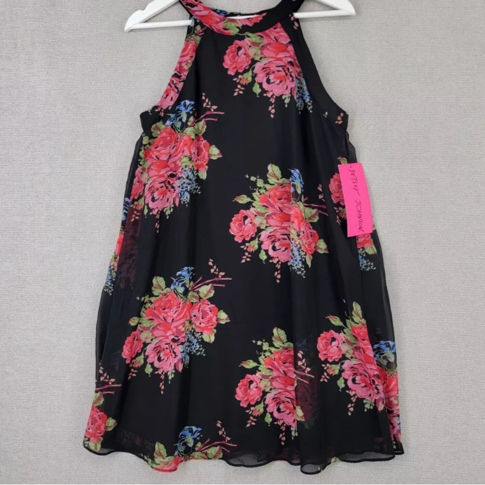 Betsey Johnson Dress Womens 6 Black Pink Floral Chiffon Shift NWT